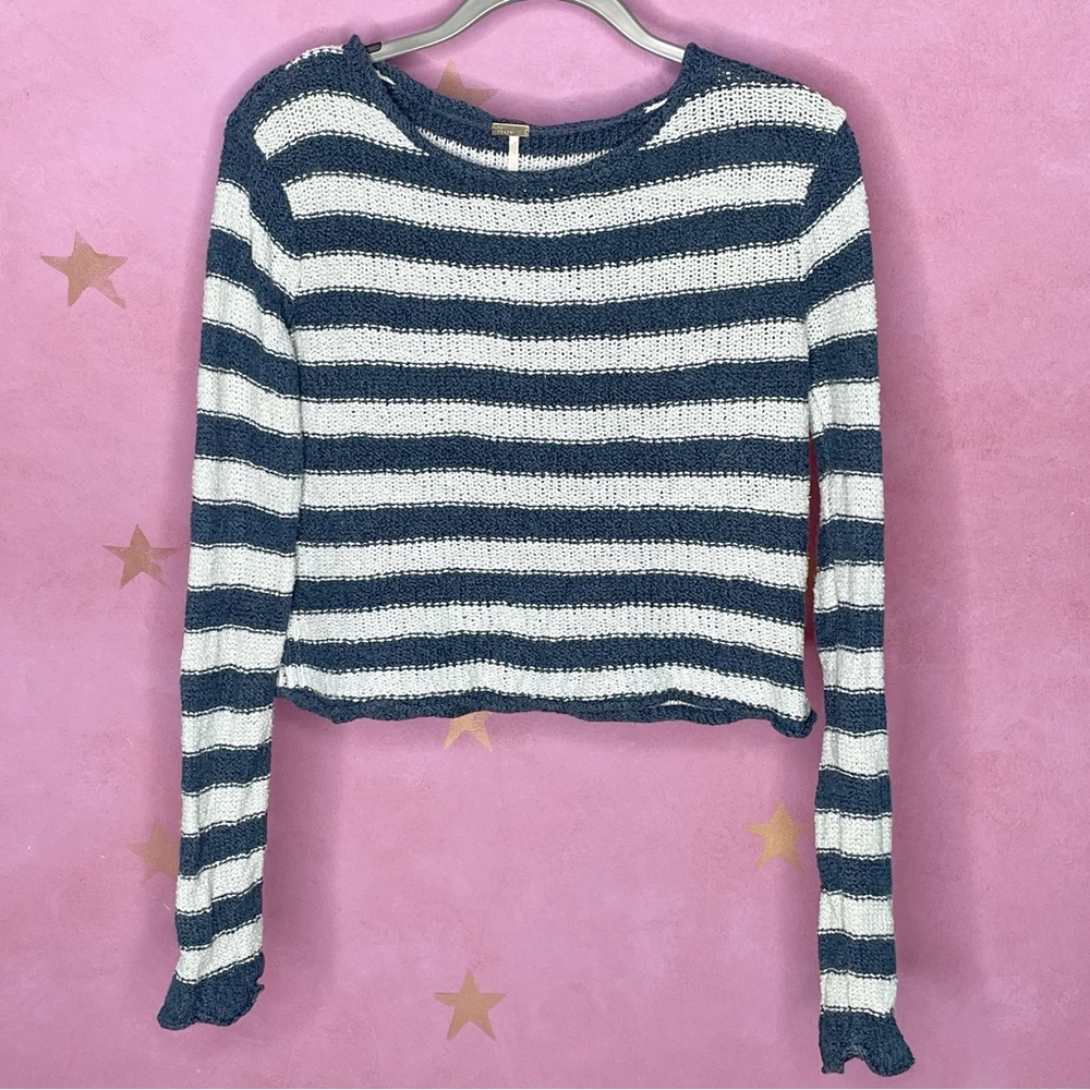 Free People Beach Blue Striped Pullover Sweater Medium